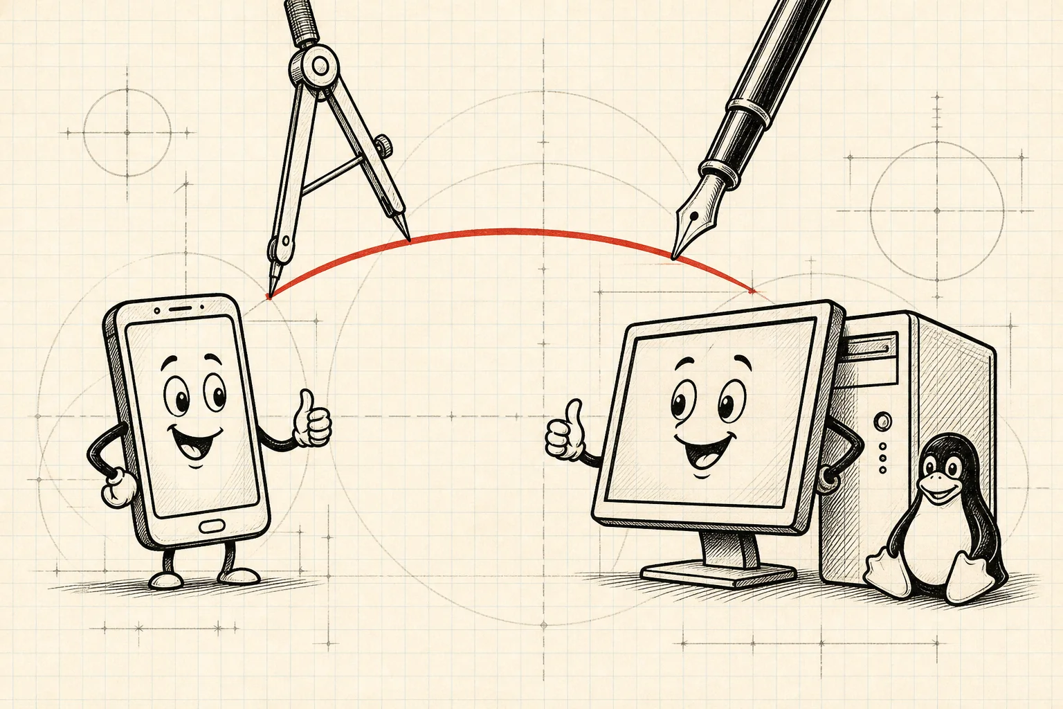 A smiling phone connected by a compass-drawn arc to a happy Linux computer with Tux the penguin