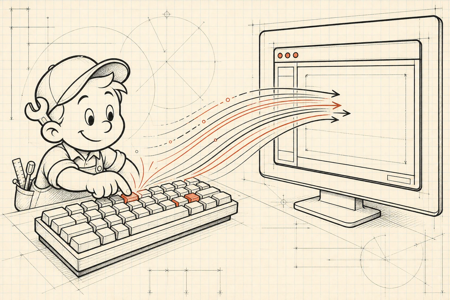 A helper hand typing keystrokes into a real application window